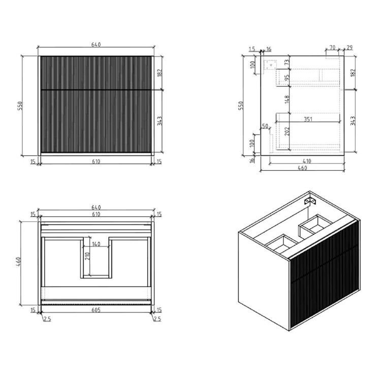 Grade A1 - 650mm Wooden Fluted Wall Hung Countertop Vanity Unit - Matira