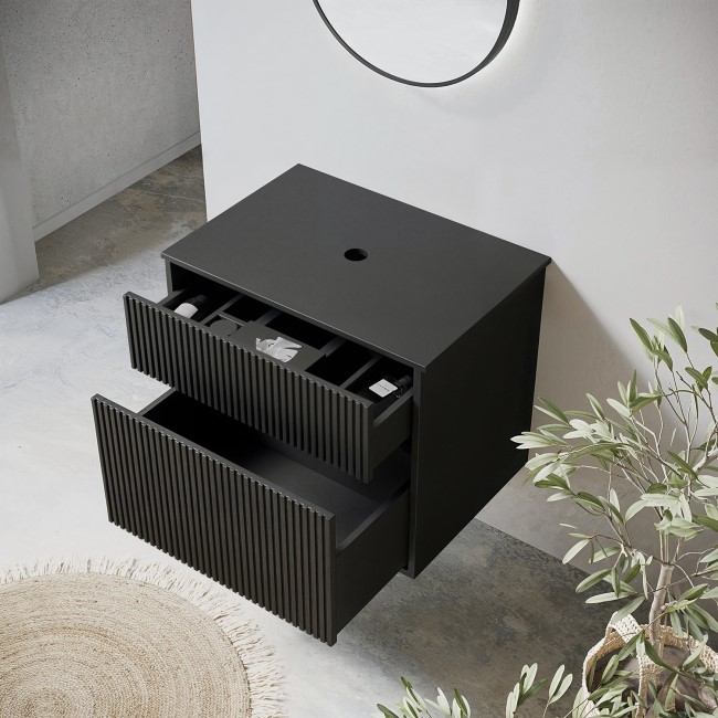 650mm Black Wooden Fluted Wall Hung Countertop Vanity Unit - Matira