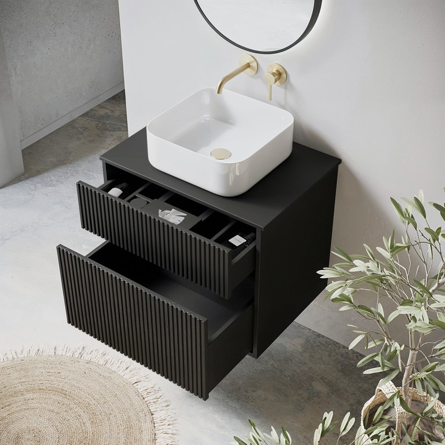 650mm Black Wooden Fluted Wall Hung Countertop Vanity Unit with Square Basin - Matira