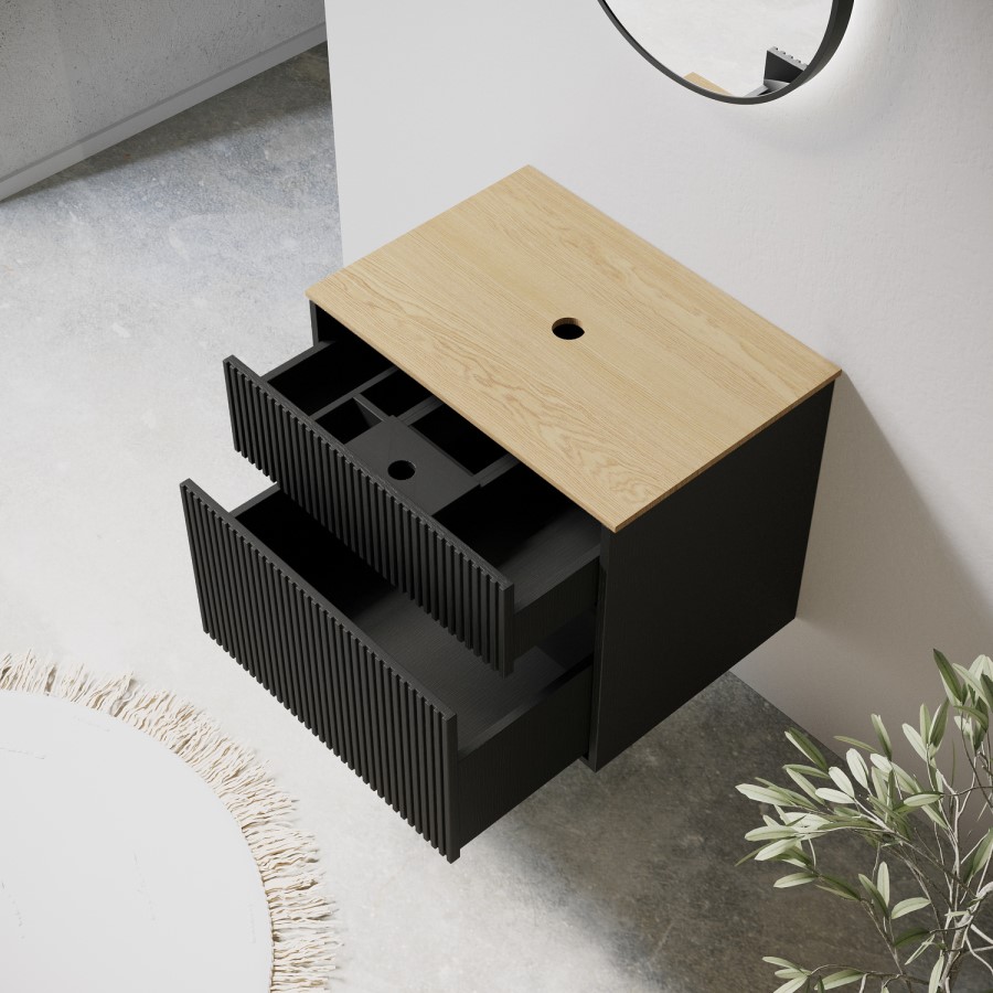 650mm Black Wooden Fluted Wall Hung Countertop Vanity Unit with Wood Effect Worktop - Matira