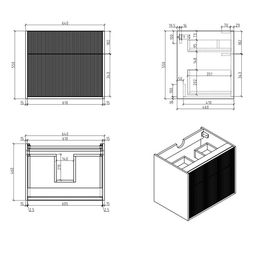 650mm Black Wooden Fluted Wall Hung Countertop Vanity Unit with Wood Effect Worktop - Matira