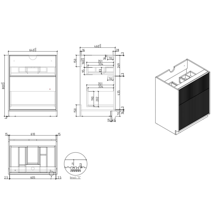 650mm Fluted Freestanding Wooden Countertop Vanity Unit with Black Worktop and Round Basin -Matira