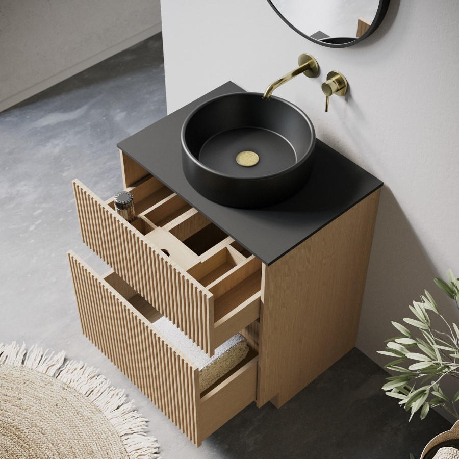 650mm Fluted Freestanding Wooden Countertop Vanity Unit with Black Worktop and Round Basin -Matira