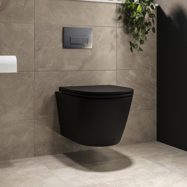 Matt Black Wall Hung Rimless Toilet with Soft Close Seat, Chrome Pneumatic Flush Plate, 820mm Frame & Cistern - Newport