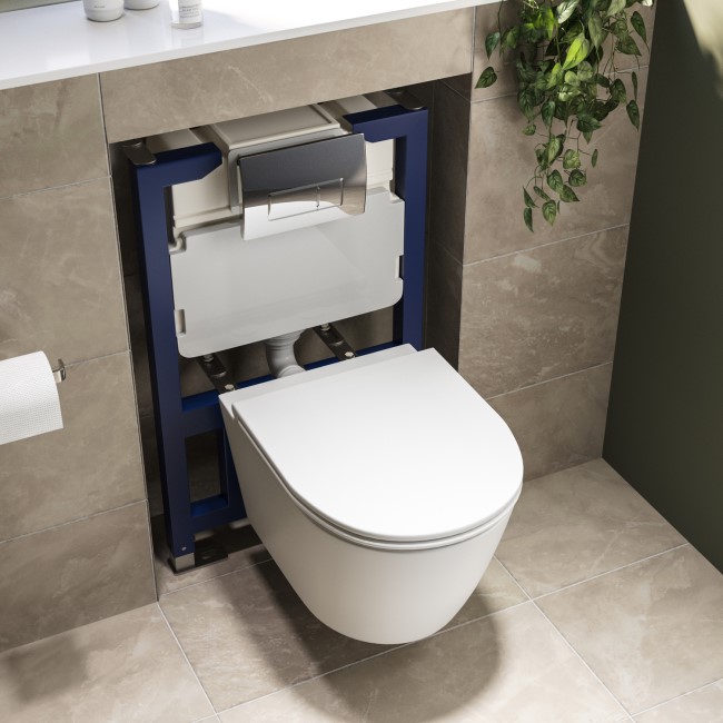 Matt White Wall Hung Rimless Toilet with Soft Close Seat, Chrome Pneumatic Flush Plate, 820mm Frame & Cistern - Newport