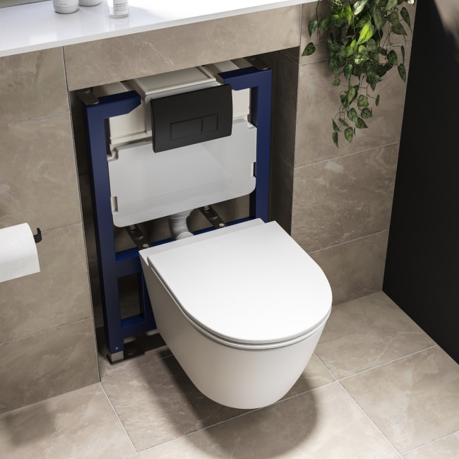 Matt White Wall Hung Rimless Toilet with Soft Close Seat, Matt Black Pneumatic Flush Plate, 820mm Frame & Cistern - Newport