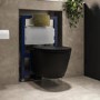 Matt Black Wall Hung Rimless Toilet with Soft Close Seat, Brushed Brass Pneumatic Flush Plate, 820mm Frame & Cistern - Newport