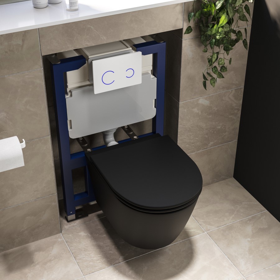 Matt Black Wall Hung Rimless Toilet with Soft Close Seat, White Glass Sensor Pneumatic Flush Plate, 820mm Frame & Cistern - Newport