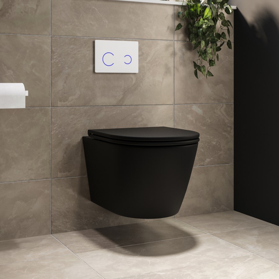 Matt Black Wall Hung Rimless Toilet with Soft Close Seat, White Glass Sensor Pneumatic Flush Plate, 820mm Frame & Cistern - Newport