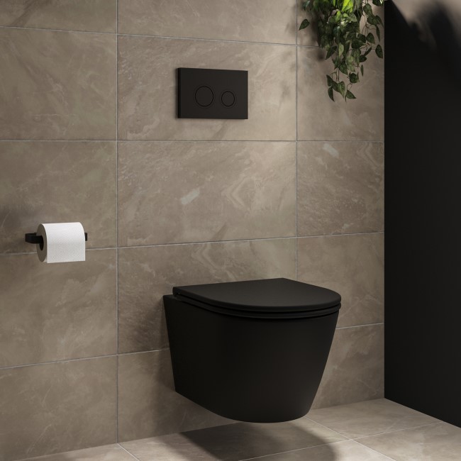 Matt Black Wall Hung Rimless Toilet with Soft Close Seat, Matt Black Mechanical Flush Plate with 1160mm Frame & Cistern - Newport