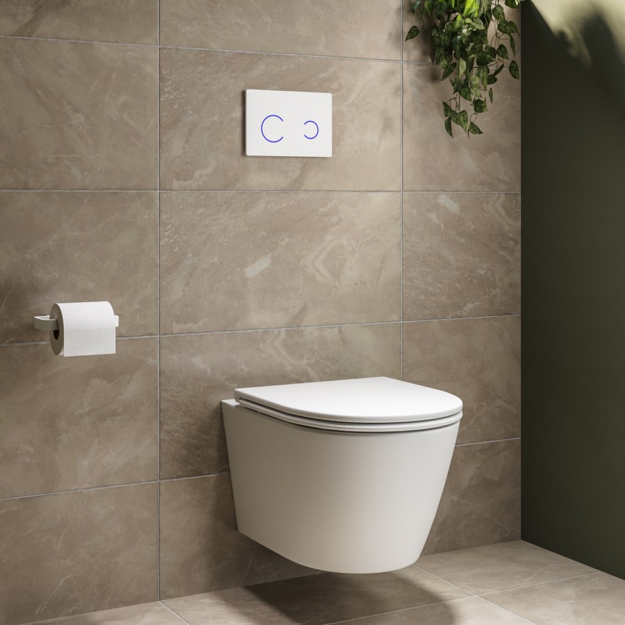 Matt White Wall Hung Rimless Toilet with Soft Close Seat, White Glass Sensor Pneumatic Flush Plate, 1170mm Frame & Cistern - Newport