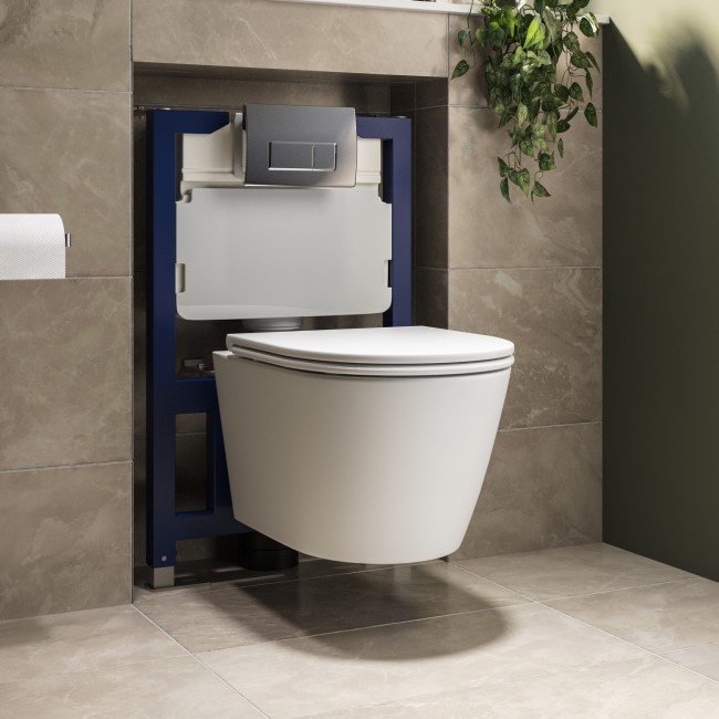 Matt White Wall Hung Rimless Toilet with Soft Close Seat, Chrome Pneumatic Flush Plate, 820mm Frame & Cistern - Newport