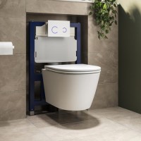 Matt White Wall Hung Rimless Toilet with Soft Close Seat, White Glass Sensor Pneumatic Flush Plate, 820mm Frame & Cistern - Newport