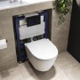 Matt White Wall Hung Rimless Toilet with Soft Close Seat, Black Glass Sensor Pneumatic Flush Plate, 820mm Frame & Cistern - Newport