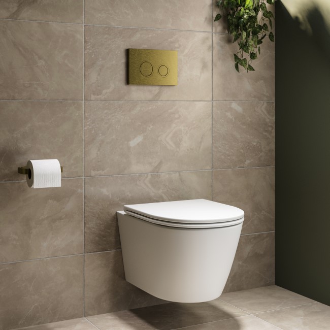 Matt White Wall Hung Rimless Toilet with Soft Close Seat, Brushed Brass Mechanical Flush Plate with 1160mm Frame & Cistern - Newport