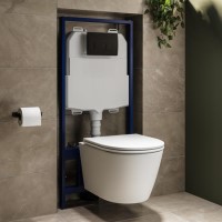 Matt White Wall Hung Rimless Toilet with Close Seat, Matt Black Pneumatic Flush Plate, 1170mm Frame & Cistern - Newport