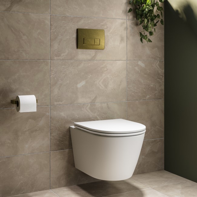 Matt White Wall Hung Rimless Toilet with Soft Close Seat, Brushed Brass Pneumatic Flush Plate, 1170mm Frame & Cistern - Newport