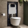 Matt White Wall Hung Rimless Toilet with Soft Close Seat, Black Glass Sensor Pneumatic Flush Plate, 1170mm Frame & Cistern - Newport