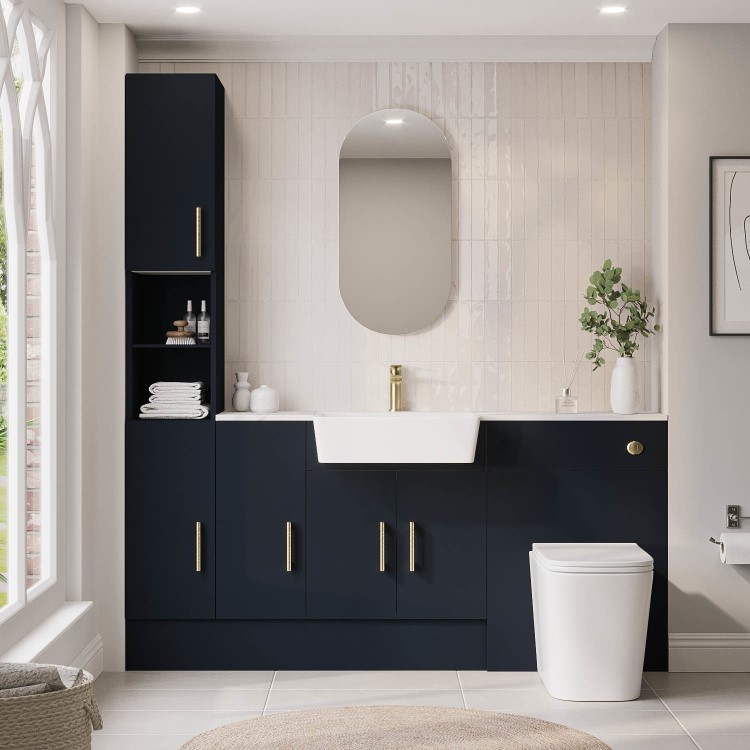 1800mm Blue Toilet and Sink Unit with Storage Units & Brass Fittings - Ontario