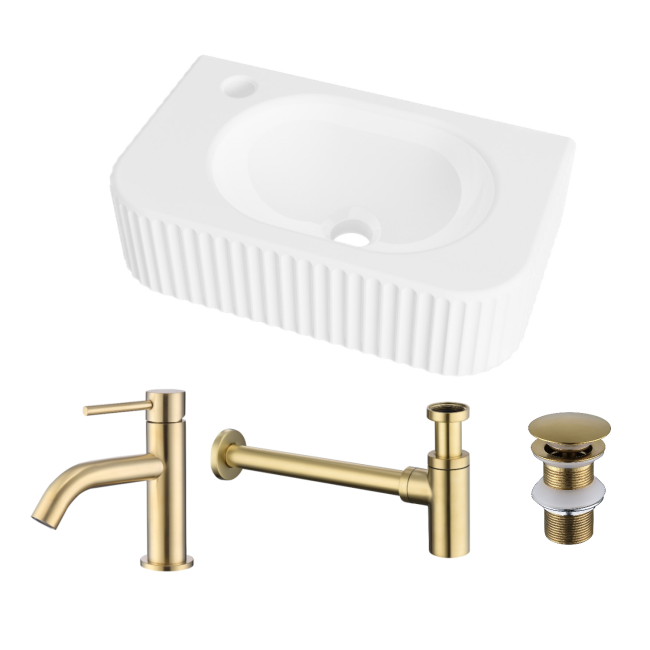 Rectangular Fluted Wall Hung Basin 410mm with Brass Tap Bottle Trap and Waste - Oregon