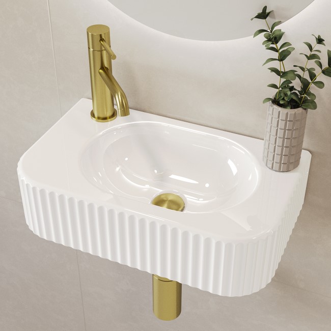 Rectangular Fluted Wall Hung Basin 410mm with Brass Tap Bottle Trap and Waste - Oregon