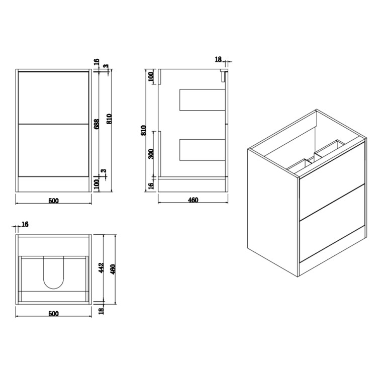 500mm Black Freestanding Countertop Vanity Unit with Square Basin - Palma