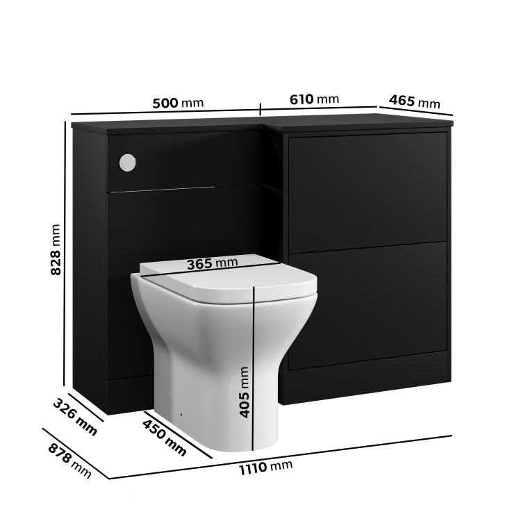 1100mm Black Right Hand Toilet and Sink Unit with Square Toilet and Chrome Push Button - Palma