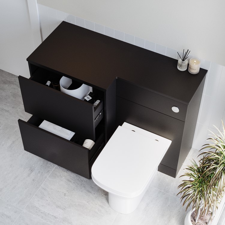 1100mm Black Left Hand Toilet and Sink Unit with Square Toilet and Chrome Push Button - Palma