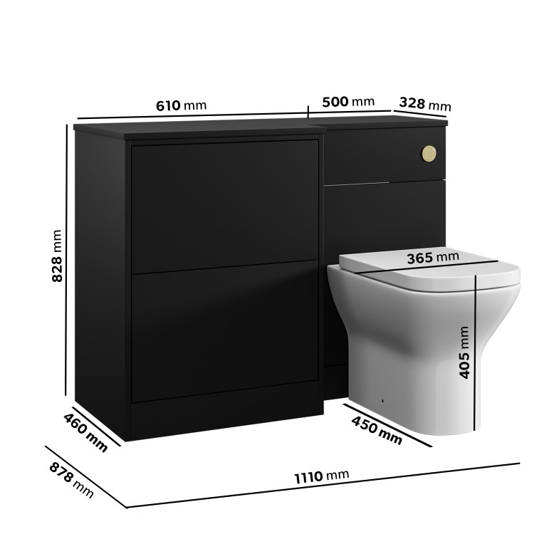 1100mm Black Left Hand Toilet and Sink Unit with Square Toilet and Brushed Brass Push Button - Palma