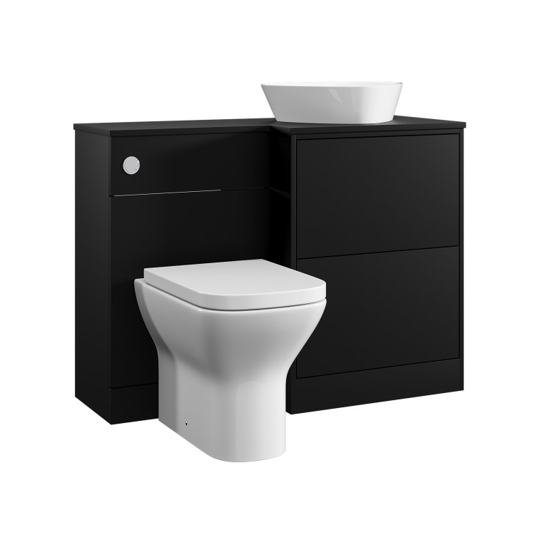 1100mm Black Right Hand Toilet and Sink Unit with Triangular Countertop Basin and Chrome Push Button - Palma