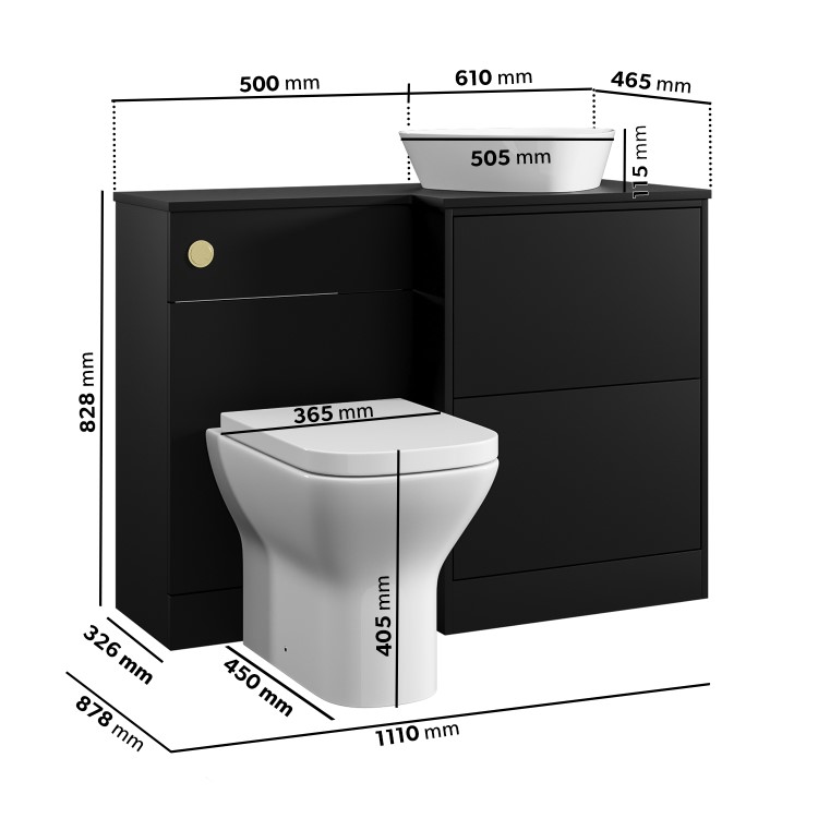 1100mm Black Right Hand Toilet and Sink Unit with Triangular Countertop Basin and Brass Fittings - Palma