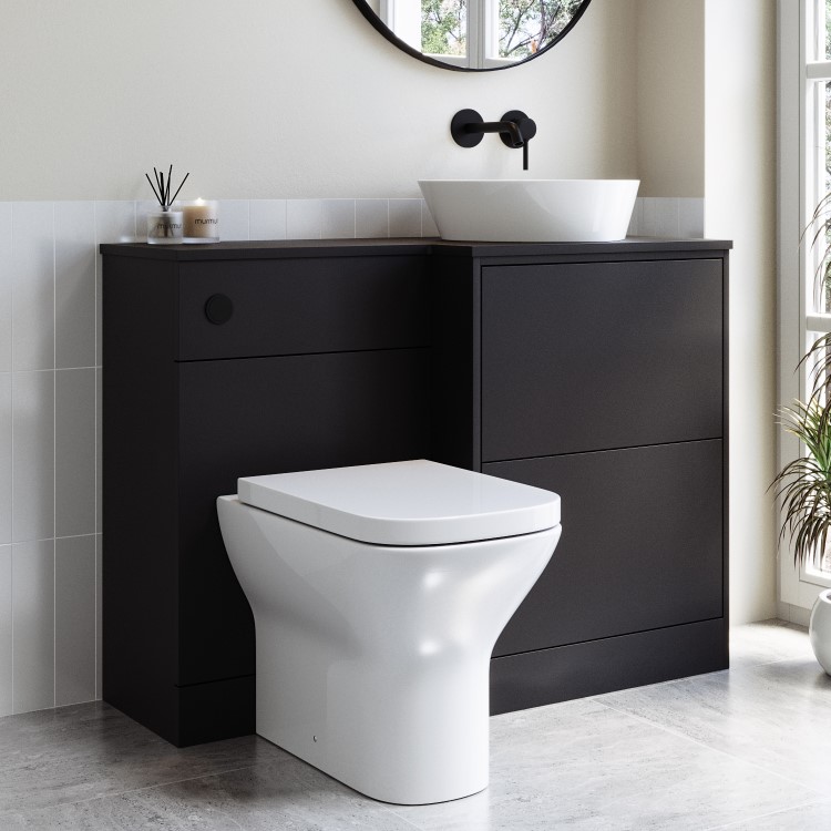 1100mm Black Right Hand Toilet and Sink Unit with Triangular Countertop Basin and Matt Black Push Button - Palma