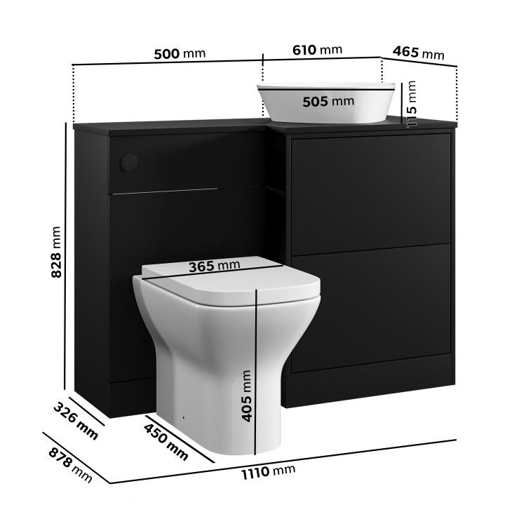 1100mm Black Right Hand Toilet and Sink Unit with Triangular Countertop Basin and Matt Black Push Button - Palma