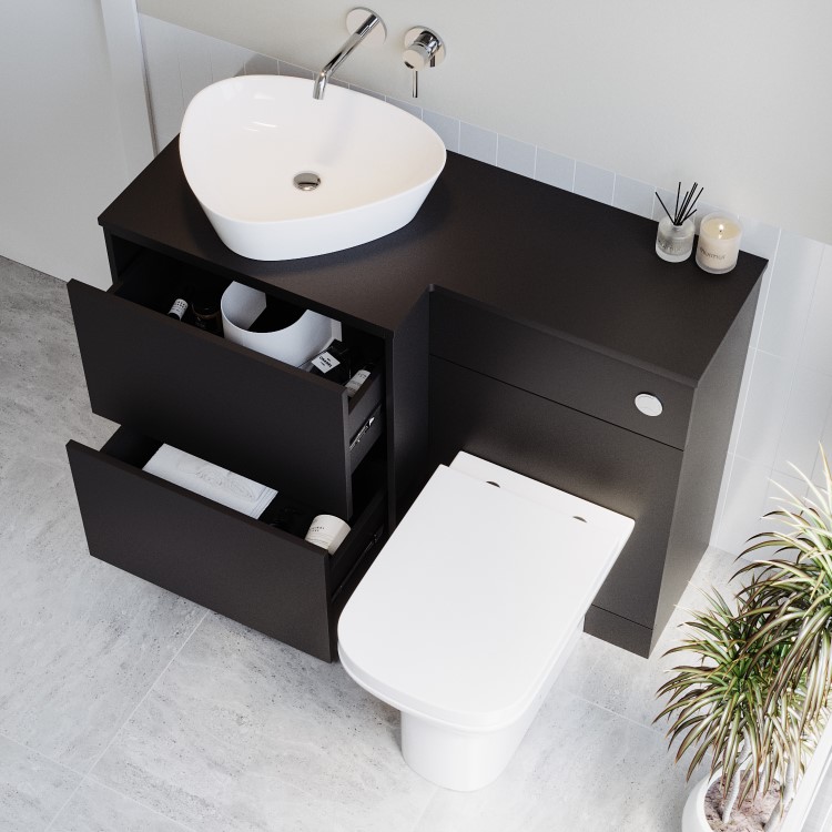 1100mm Black Left Hand Toilet and Sink Unit with Triangular Countertop Basin and Chrome Push Button - Palma