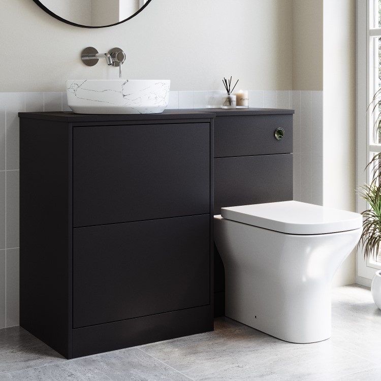 1100mm Black Left Hand Toilet and Sink Unit with Marble Countertop Basin and Chrome Fittings - Palma