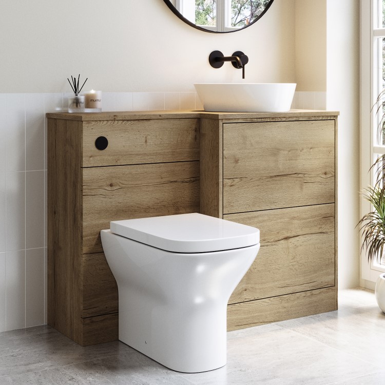 1100mm Wood Effect Right Hand Toilet and Sink Unit with Triangular Basin and Matt Black Push Button - Palma