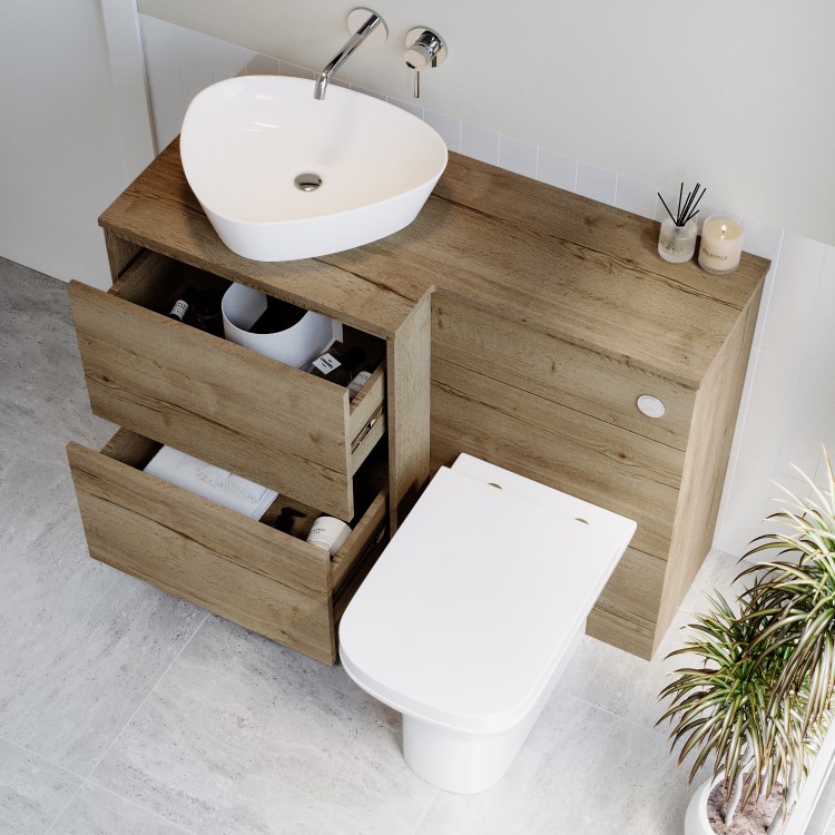 1100mm Wood Effect Left Hand Toilet and Sink Unit with Triangular Basin and Chrome Push Button - Palma