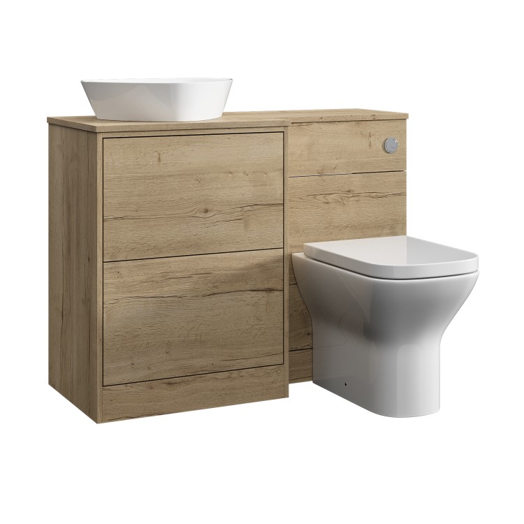 1100mm Wood Effect Left Hand Toilet and Sink Unit with Triangular Basin and Chrome Push Button - Palma