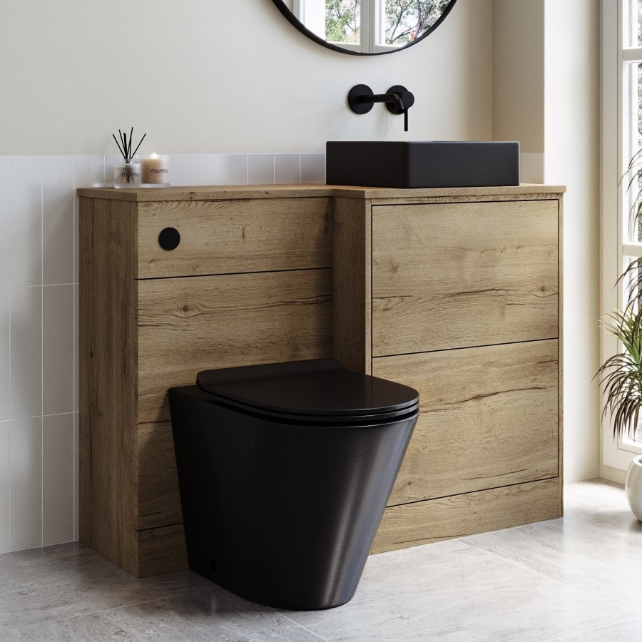 1100mm Wood Effect Toilet and Sink Unit Right Hand with Black Toilet Basin & Fittings - Palma