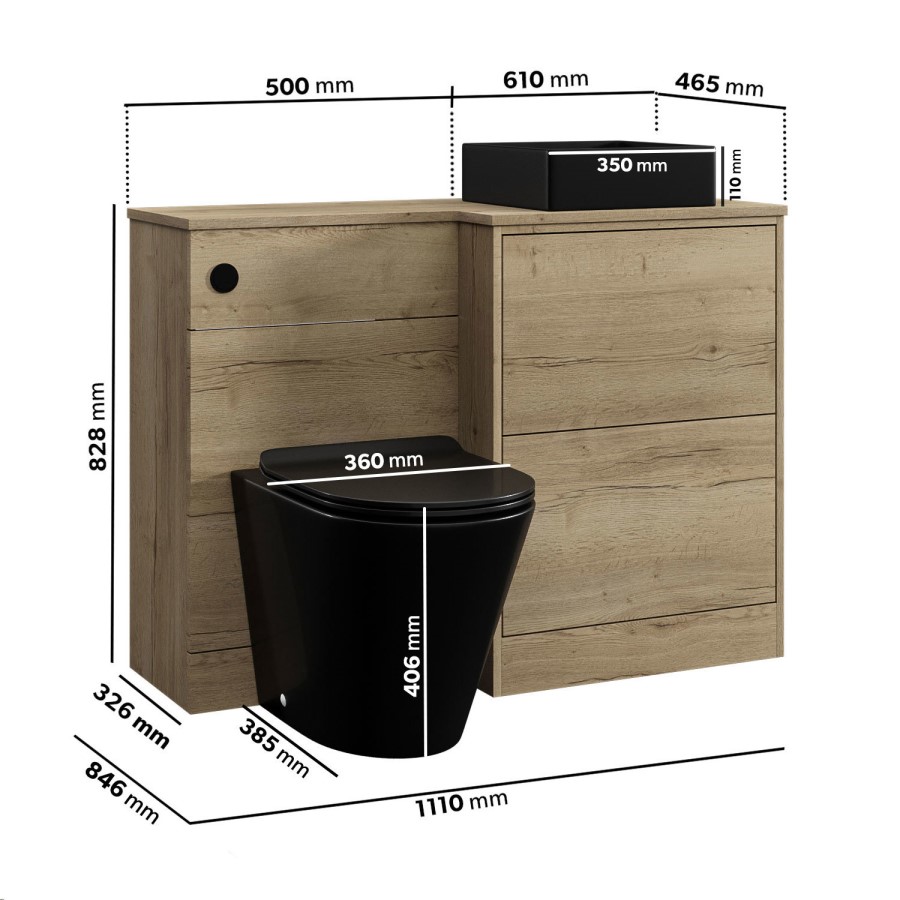 1100mm Wood Effect Toilet and Sink Unit Right Hand with Black Toilet Basin & Fittings - Palma