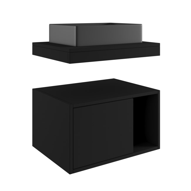 600mm Black Wall Hung Countertop Vanity Unit with Black Rectangular Basin and Shelves - Porto