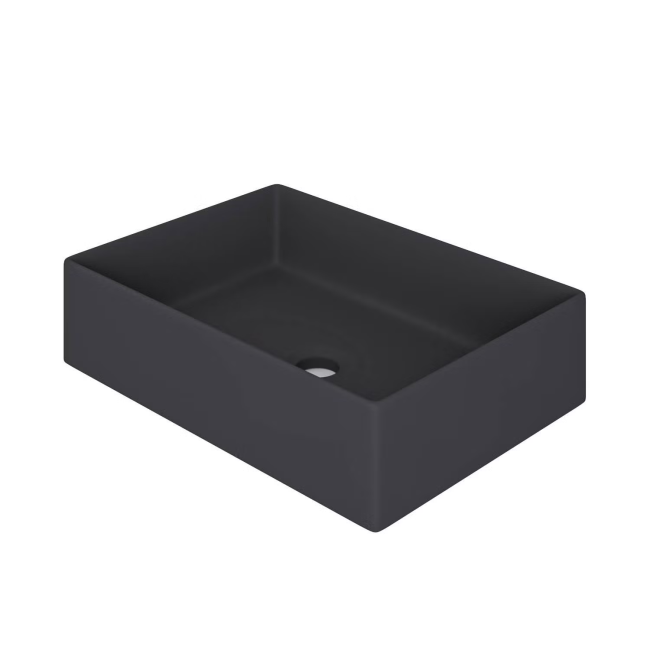 600mm Black Wall Hung Countertop Vanity Unit with Black Rectangular Basin and Shelves - Porto