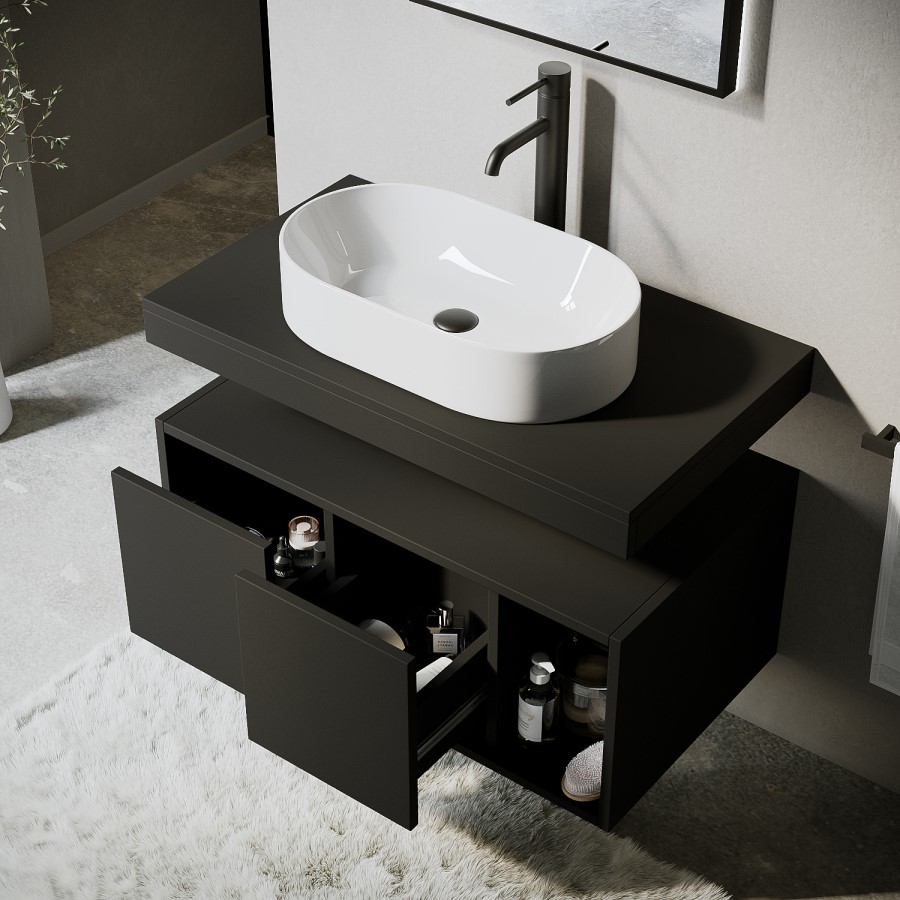 800mm Black Wall Hung Countertop Vanity Unit with Oval Basin and Shelves - Porto