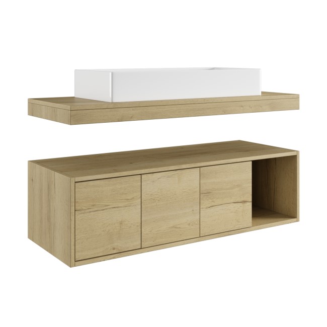 1200mm Wood Effect Wall Hung Double Countertop Vanity Unit with Rectangular Basin and Shelf - Porto