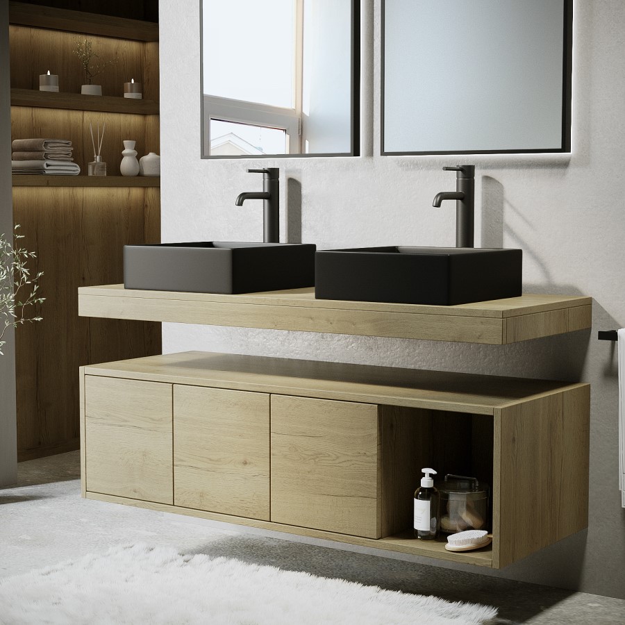 1200mm Wood Effect Wall Hung Double Countertop Vanity Unit with Black Rectangular Basins and Shelf - Porto