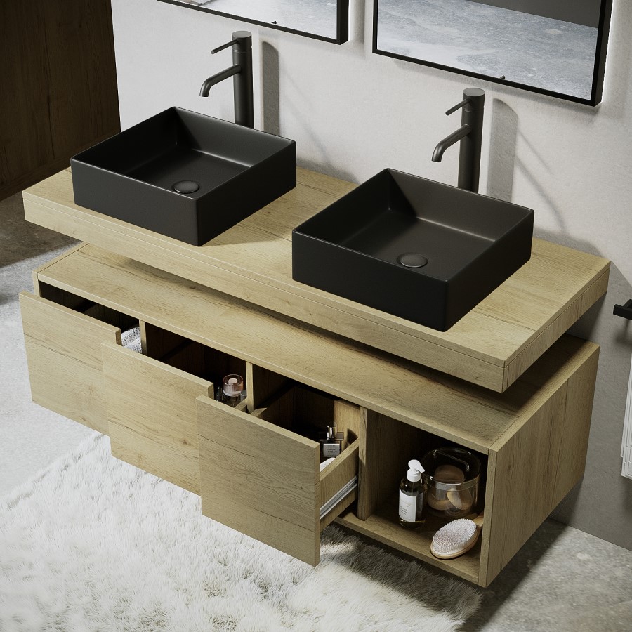 1200mm Wood Effect Wall Hung Double Countertop Vanity Unit with Black Rectangular Basins and Shelf - Porto