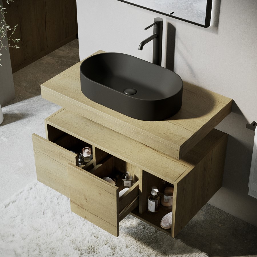 Grade A1 - 800mm Wood Effect Wall Hung Countertop Vanity Unit with Black Oval Basin and Shelf - Porto