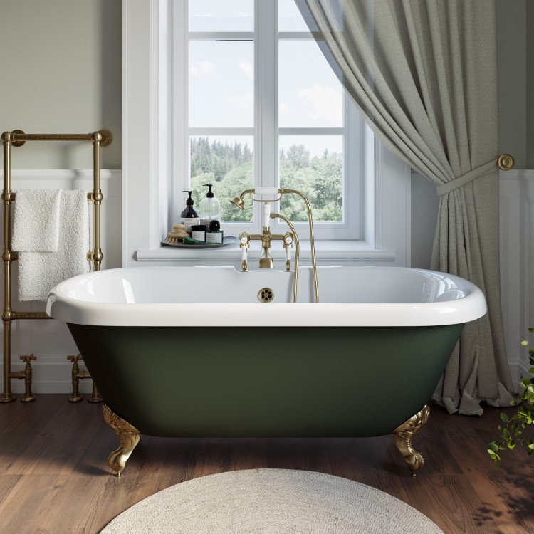 Grade A2 - Freestanding Dark Green  Double Ended Roll Top Bath with Brass Feet 1515 x 740mm - Park Royal