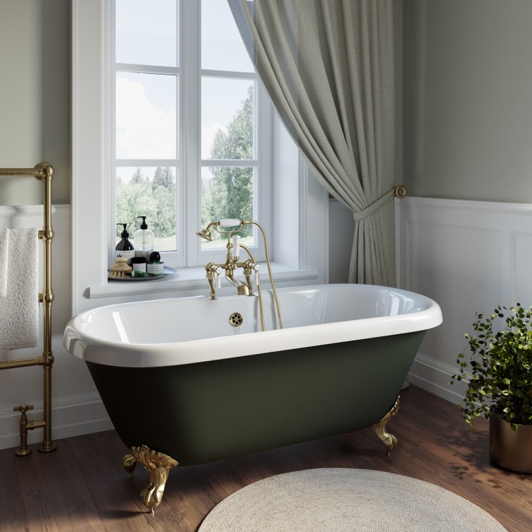 Grade A2 - Freestanding Dark Green  Double Ended Roll Top Bath with Brass Feet 1515 x 740mm - Park Royal