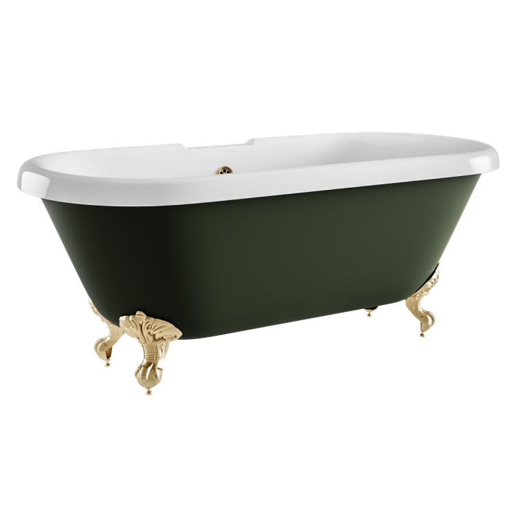 Grade A2 - Freestanding Dark Green  Double Ended Roll Top Bath with Brass Feet 1515 x 740mm - Park Royal